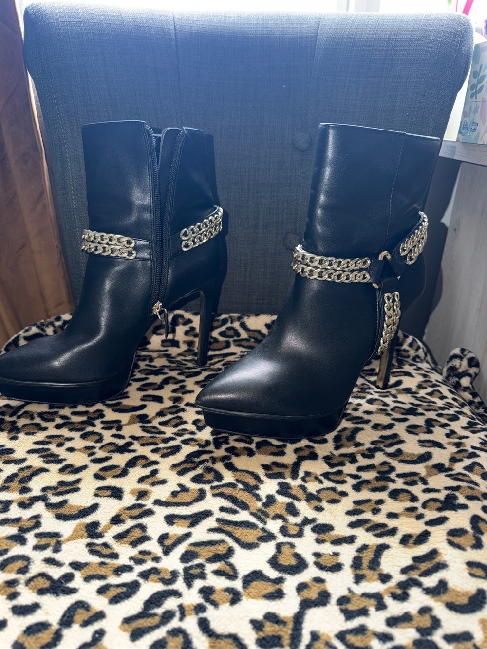 JLo Black Women's High Heel Ankle Boots with Gold Chain Detail